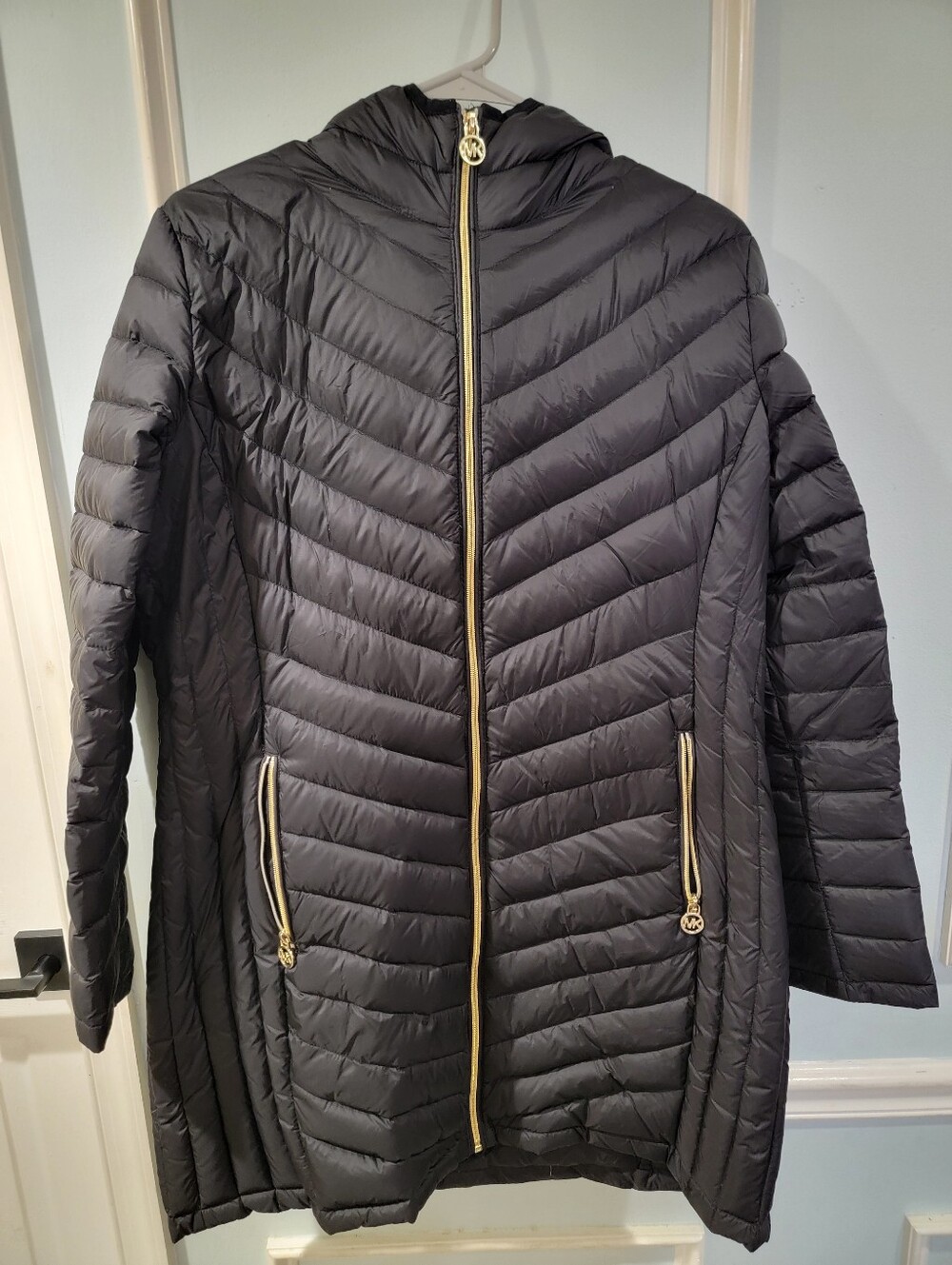 Michael Kors Black Quilted Hooded Puffer with Gold Trim, XL